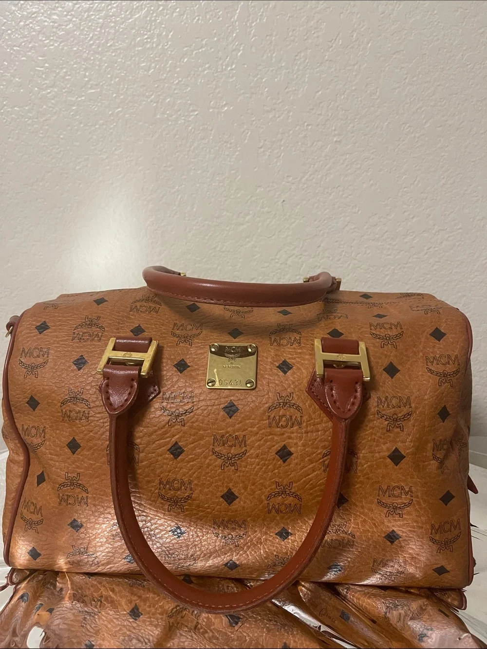 MCM Cognac Visetos Monogram Bag with Gold Hardware